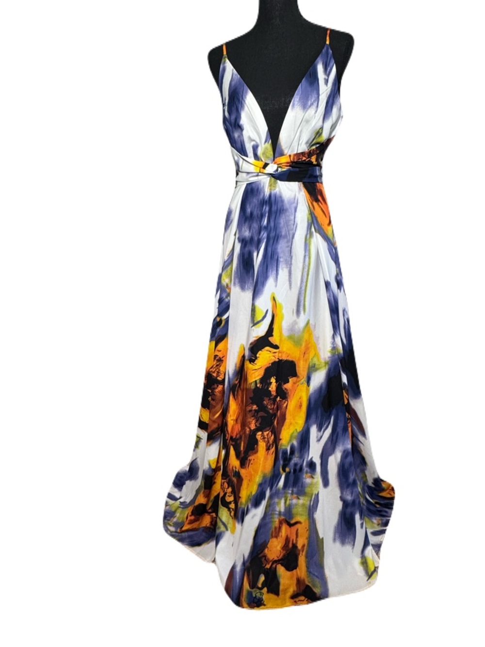 Bold Contrast Modern Boho Chic Abstract Watercolor Maxi Dress in Yellow & Navy